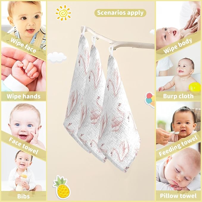 vvfelixl Baby Muslin Washcloths Pale Pink Swans Baby Burp Cloths Cotton Babys Face Towel for Newborn Infants Boys Girls Soft and Absorbent 11.8 X 11.8 in, 3 Pack