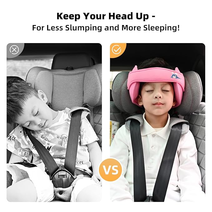 Child Car Seat Head Support Band - Baby Head Neck Relief Safety Headrest - Adjustable Toddler Carseat Head Holder Head Strap - Baby & Kids Travel Accessories with Cute Cartton Pattern, Pink