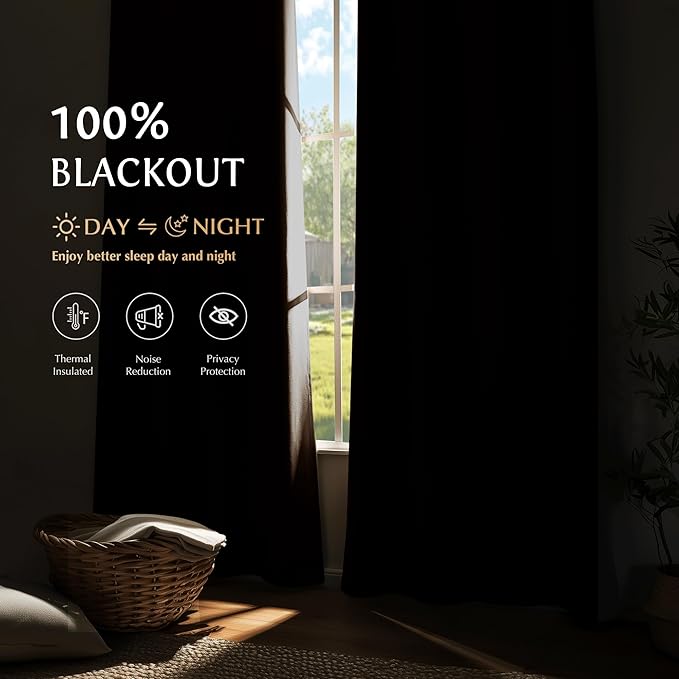 Beauoop 100% Blackout Curtains 96 Inch Long 2 Panels for Bedroom Living Room Coffee Brown Solid Room Darkening Thermal Insulated Soundproof Energy Saving Grommet Top Window Drapes,52x96, 2 Set