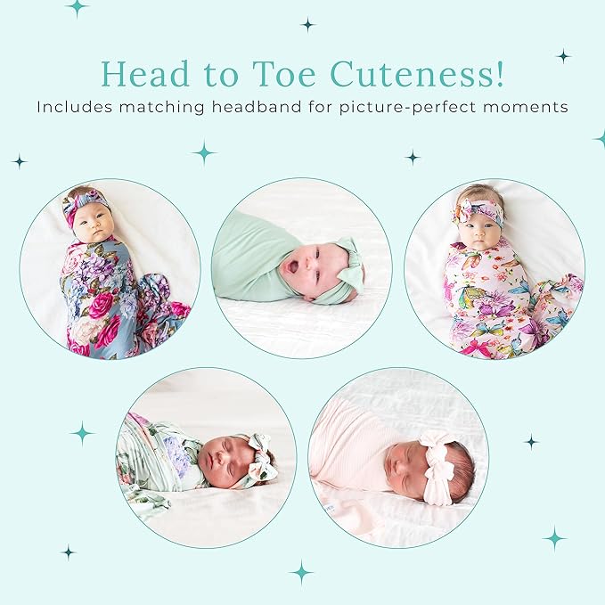Posh Peanut Swaddle Blanket & Headband Set – Viscose from Bamboo Stretchy Baby Swaddle for Newborn Girls, Receiving Blanket or Nursing Cover (Sage)