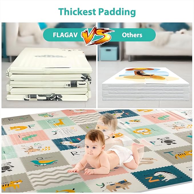 FLAGAV Baby Play Mat, 79x71x0.4inch Extra Large Folding Baby Crawling Mat, Waterproof Reversible Playmat Foam Non Toxic Anti-Slip Portable Kids Play Mat for Infant, Toddler