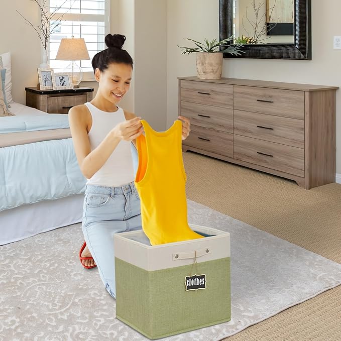 13x13x13 Inch Large Foldable Fabric Linen Cube Storage Bins【4-pack】, with Cotton Handles Closet Bins for Cabinet Shelves Home Organization and Storage bins(White&green)