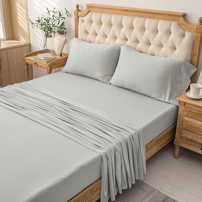 PURE ERA Jersey Knit 4pc Bed Sheet Set 100% T-Shirt Cotton Super Soft Comfy Breathable Fits Mattress Up to 20" Extra Deep Pocket (Solid Light Grey, King)