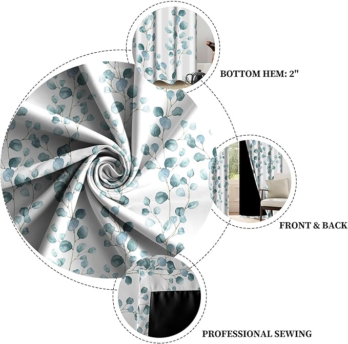 Renaiss Eucalyptus Leaf Curtains Green Eucalyptus Print Blackout Window Drapes for Bedroom Botanical Grommet Top Thermal Insulated Window Curtains for Living Room 42W x 96L 2 Panel Set