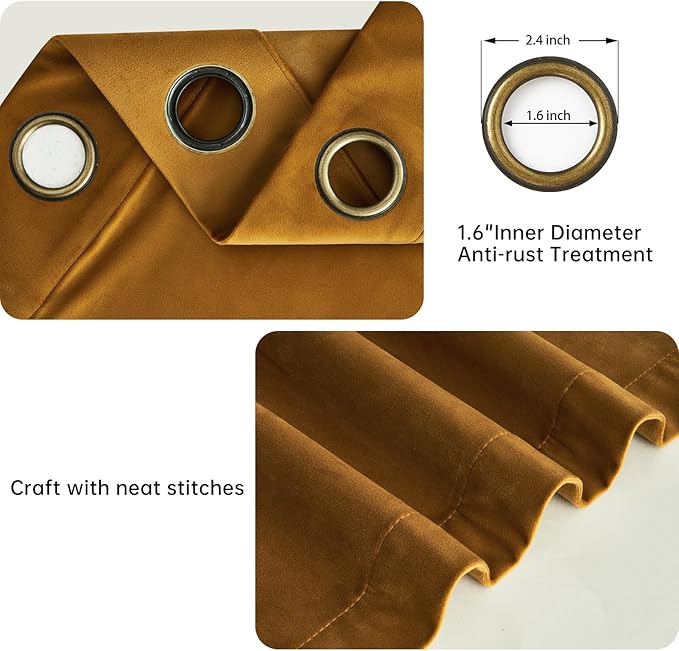 Topfinel 92 Inches Long Custom Velvet Curtains, Dark Brown Yellow Viral Floor Length Suede Grommet Gold Drapery Panels for Track, Noise Cancelling Aesthetic Theater Acoustic Drapes Set of 2