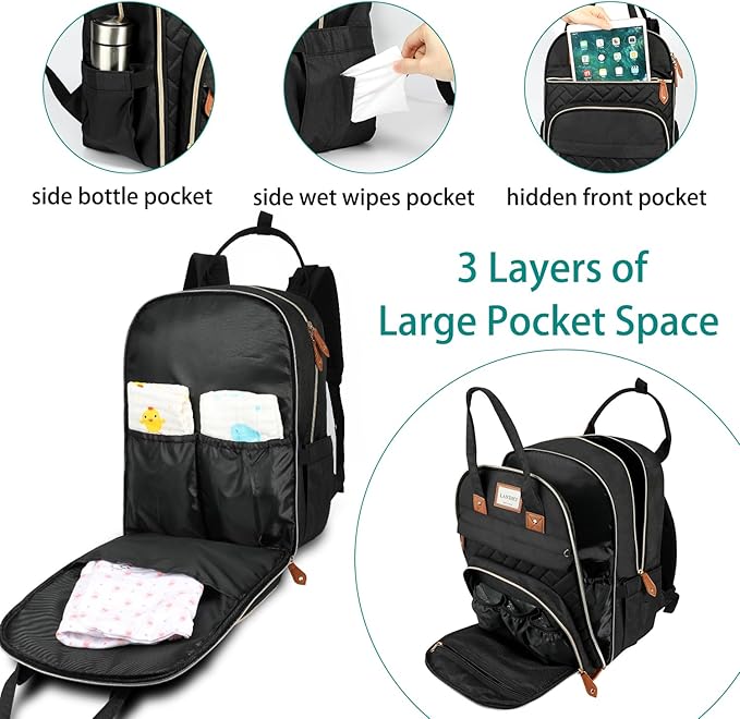 LANDICI Diaper Bag Backpack, Multifunction Baby Diaper Bags with Changing Pad, Stroller Straps & Pacifier Case, Travel Essentials Back Pack for Mom Dad Boy Girl, Large Capacity, Waterproof, Black