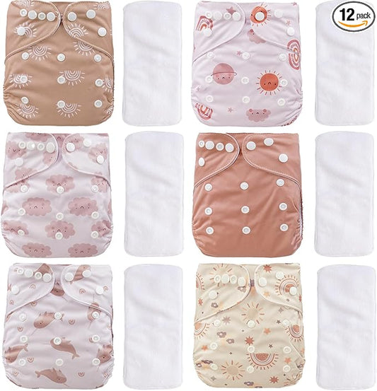 CoolaPeach 12 Set Reusable Adjustable Cloth Diapers for Newborn to 0-3 Years,One Size Washable Pocket Nappy Covers for Baby Girl and Boy,6 Pack Cloth Diapers+6pcs Microfiber Inserts(Pink)