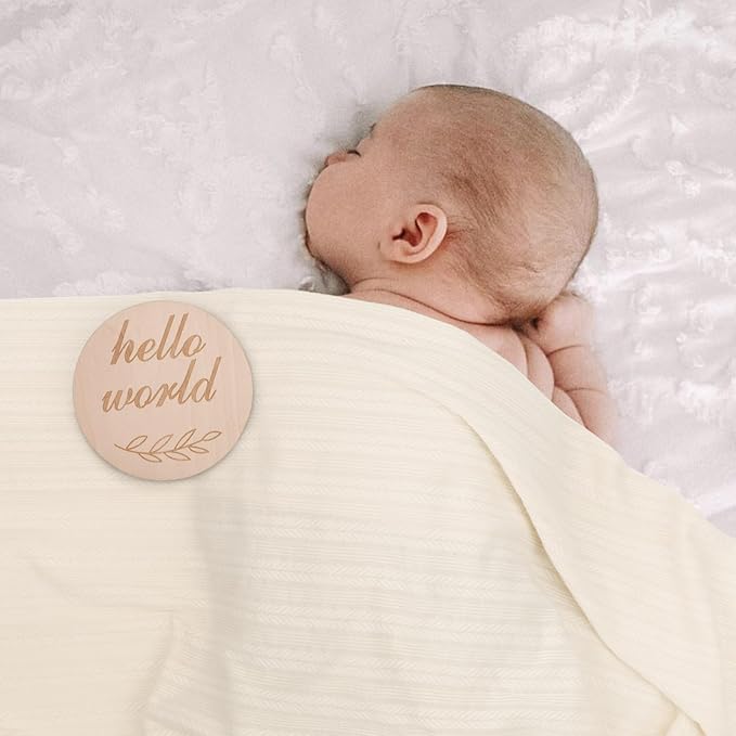 DRESHOW BQUBO Baby Swaddle Blankets for Girls, 4PCS Newborn Accessories Set with Matching Hat and Bow Headband with Hello World Wooden Birth Announcement Card