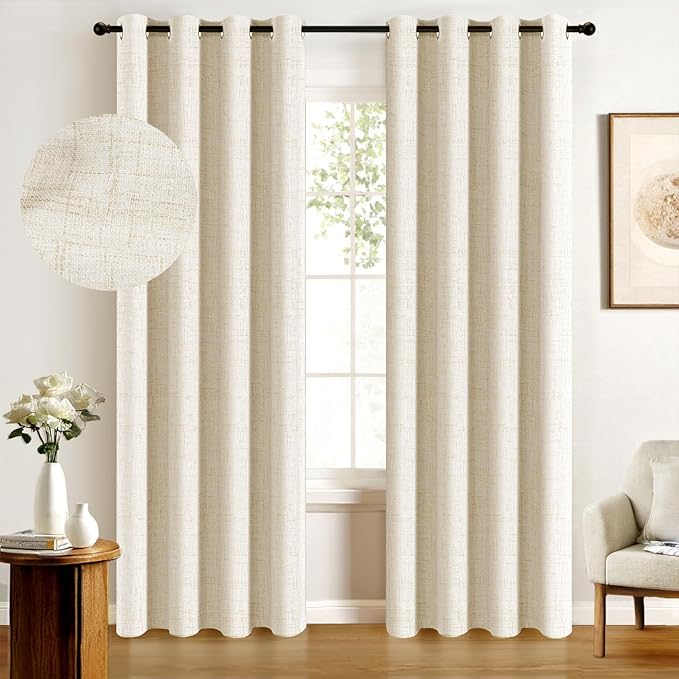 100% Blackout Shield Linen Blackout Curtains for Bedroom, Cream Grommet Curtains for Living Room, Thermal Insulated Room Darkening Drapes for Nursery, Fall Home Decor, 50" W x 108" L, 2 Panels