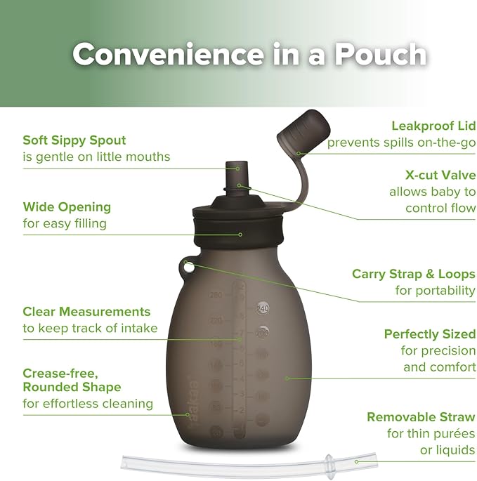 haakaa Hippo Pouch – 9oz/260ml Reusable Pouches for Toddlers, Reusable Baby Food Pouches for Homemade Organic Purees, Juices, Smoothies, and Yogurt, 4 Pack, (Grey)