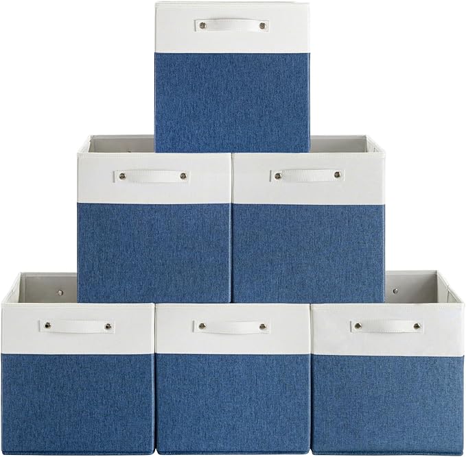 13 x 13 Inch Fine Linen Storage Bins with Handles，Fabric Cube Boxs，Basket Organizers for Shelves for Home, Closet Drawers (White/Blue-6 Pack)