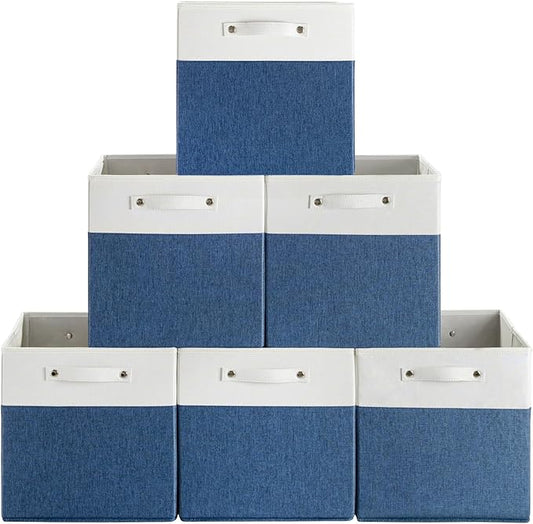 13 x 13 Inch Fine Linen Storage Bins with Handles，Fabric Cube Boxs，Basket Organizers for Shelves for Home, Closet Drawers (White/Blue-6 Pack)