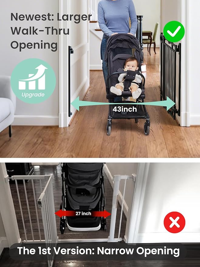 Grownsy No Bottom Bar Baby Gate for Stairs, Adjustable Width 32” to 48” for Child and Pet, Dog Gate with Auto-Close & One-Hand Operation, Hardware-Mounted Installation for Doorways and Indoor,Black