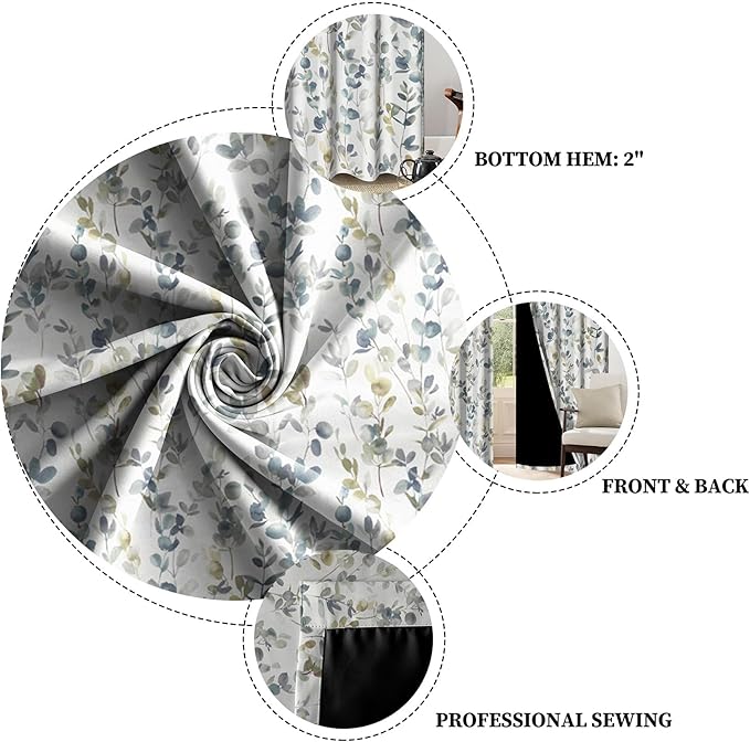 Renaiss Botanical Herbs Blackout Curtains, Vintage Eucalyptus Leaf Thermal Insulated Bedroom Window Curtains, Classical Gray Plants Window Drapes for Living Room, 84" L x 53" W 2 Panel Set