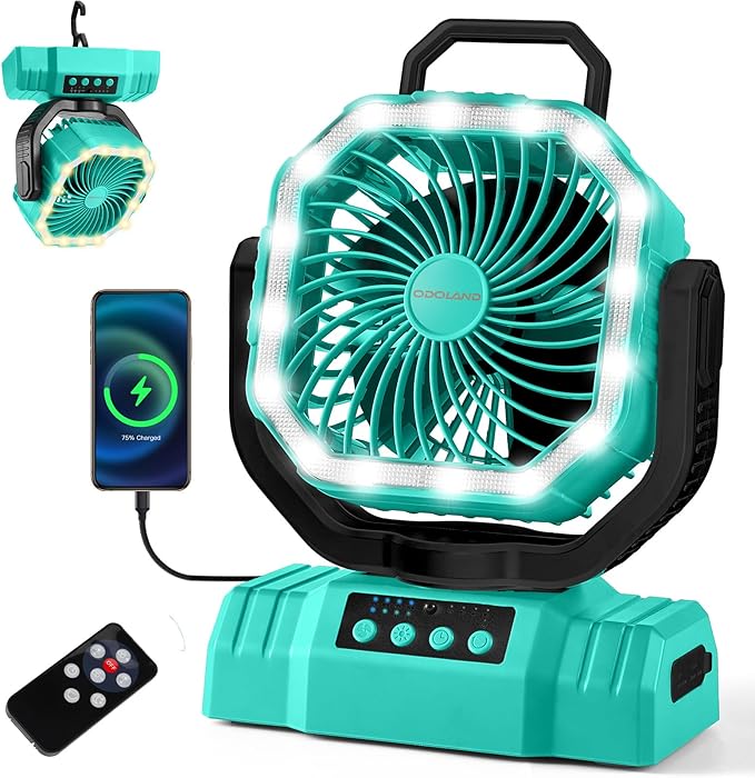 Odoland Portable Camping Fan with LED Lantern, 20000mAh Rechargeable Battery Powered Fan with Auto Oscillation, Timer, Remote, 360° Rotation Hook, 4 Speeds for Power Outage Travel Home, Cayan