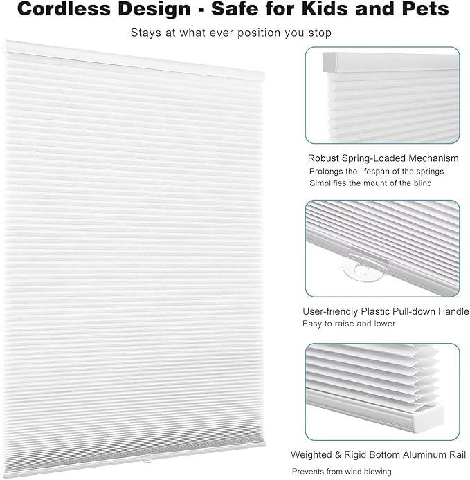 Changshade Cordless & Light Filtering Cellular Shade, Tools-Free Pleated Polyester Honeycomb Shade, Light Blocking Window Shade and Blind, 30 inches Wide, White CEL30WT72B
