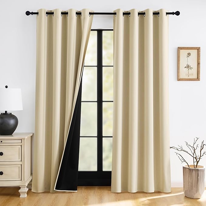 RYB HOME 100% Blackout Beige Curtains for Living Room, Heat Blocking Energy Efficient Boho Farmhouse Window Drapes for Bedroom Nursery, 52 inches Wide by 90 inches Long