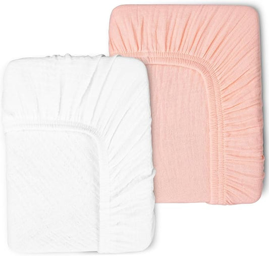 PET REJOIR 2 Pack Muslin Fitted Crib Sheets for Baby Girls & Boys-Neutral Breathable Crib Mattress Protector for Standard Crib Mattress (28"x 52")-Soft No Slip Toddler Cotton Bedding-Blush & White