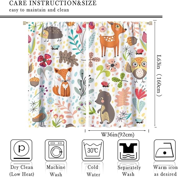 Forest Animals Kids Curtains, Watercolor Wild Rustic Bear Fox Deer Children Cartoon Window Treatments for Living Room, Watercolor Blackout Drapes 2 Panel Sets,72x63 Inch
