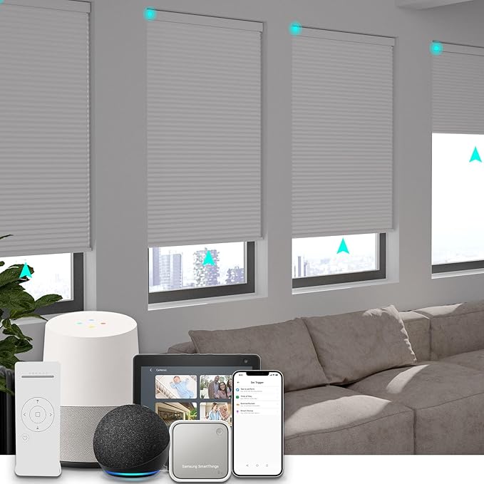 Changshade Motorized Cellular Shades with Remote Control Smart Blinds Compatible with Alexa, Google Home, Smarthings, Custom Size Electronic Automatic Shades for Indoor Windows Doors, Blackout, White