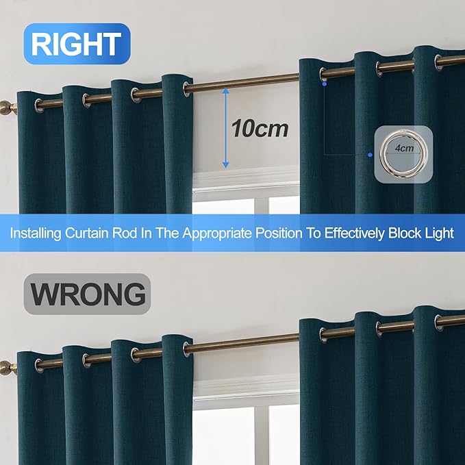 Linen 100% Blackout Curtains for Bedroom, Black Out Curtains 96 Inch Long, Room Darkening Curtains for Living Room, Long Curtain Grommets Drapes, Thermal Curtains (2 Panels, Dark Green)