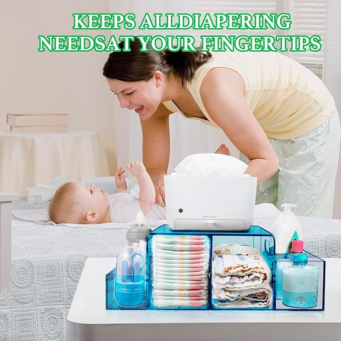 Acrylic Diaper Caddy, Baby Wipes Organizer for Changing Table, Dresser Top Tabletop Organizer with 4 Detachable Compartments, Anti-slip Rubber Feet, Newborn Baby Essentials, Blue