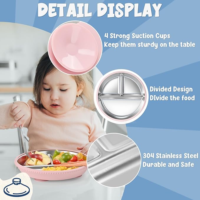 2-Pack Stainless Steel Kids’ Plates with Suction Bases, 8.26" Divided Toddler Plates with Removable Silicone Sleeves, Non-Slip, BPA-Free, Dishwasher Safe (Green & Beige)
