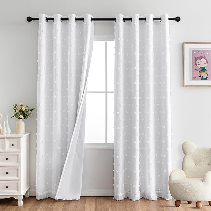 MYSKY HOME White Curtains 100% Blackout Curtains for Bedroom 80 Inch Long Light Blocking Drapes for Girls Room Thermal Insulated Room Darkening Curtains with Pom Pom Sheer Grommet Set of 2, 52W x 80L