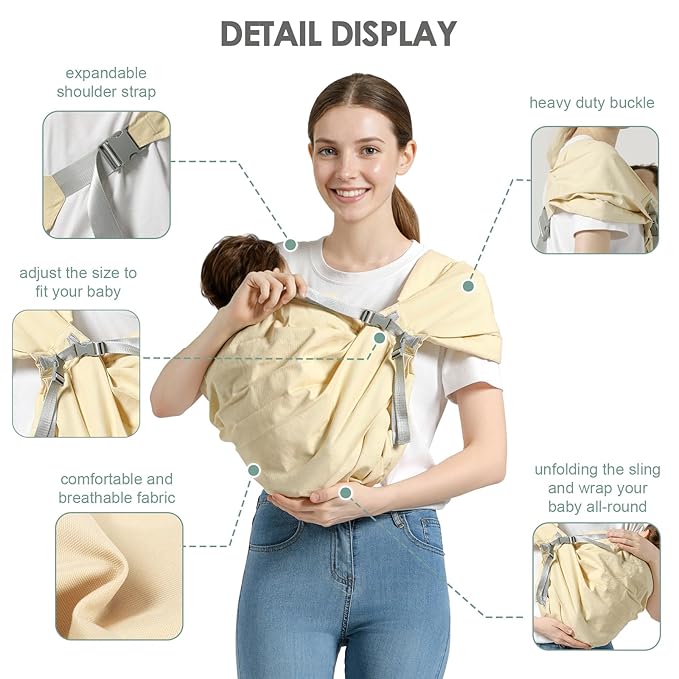 Baby Sling Carrier, Toddler Sling Carrier with Wide Shoulder Strap, Lightweight Baby Carriers Newborn to Toddler Infant Wrap Carriers Perfect for Mom and Dad, 7-30lbs, Cream