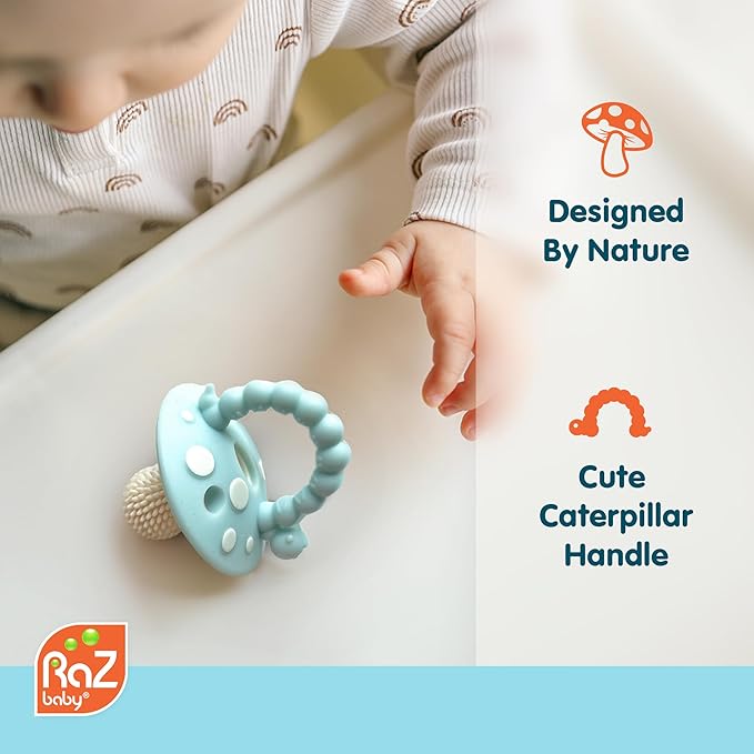 RaZbaby Soft Silicone Infant & Baby 3M+ Teether Toy Massaging Bristles Teething Relief Pacifier - Soothes Sore Gums - Hands-Free & Easy-to-Hold Chompy Teether 4PK, BPA Free (Lavender/RED/Pink/Green)