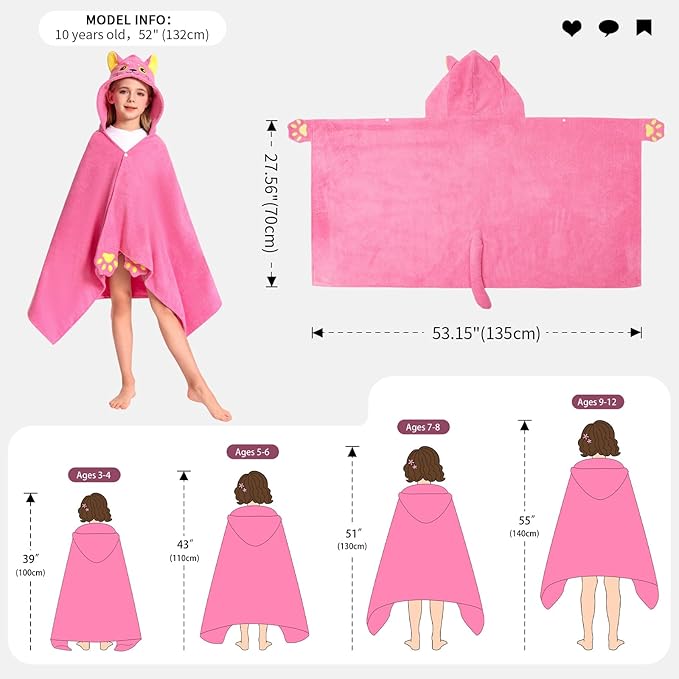 OLAOLA Cat Hooded Towel for Kids 3-12 Years, 28" x 53" Soft Thick Absorbent Beach Towels, Toddler Bath Towel Wrap, Swim Pool Towels Poncho for Boys Girls