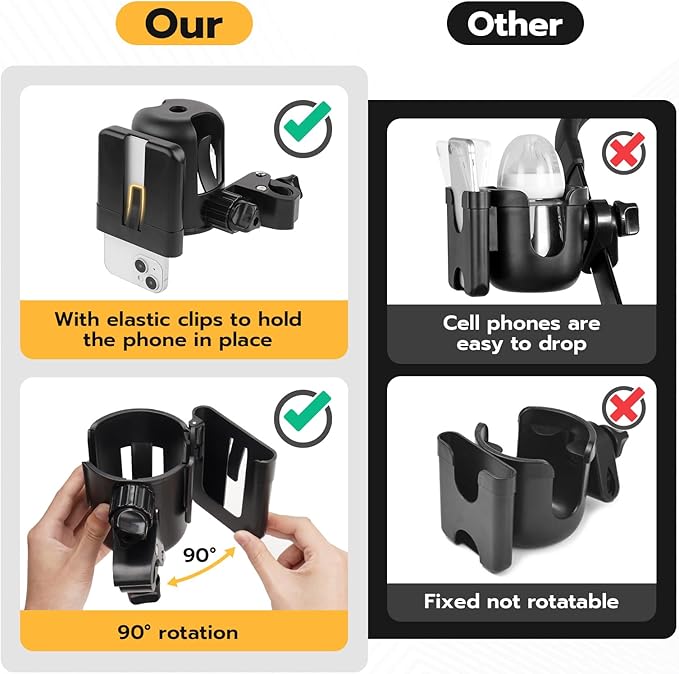 2pc Stroller Cup Holder with Phone Holder, Removable 2-in-1 Drink Holder for Golf Cart Accessories, 360 ° Rotatable Bottle Holder for Wheelchair, Stroller, Bicycle,Scooter, Walker