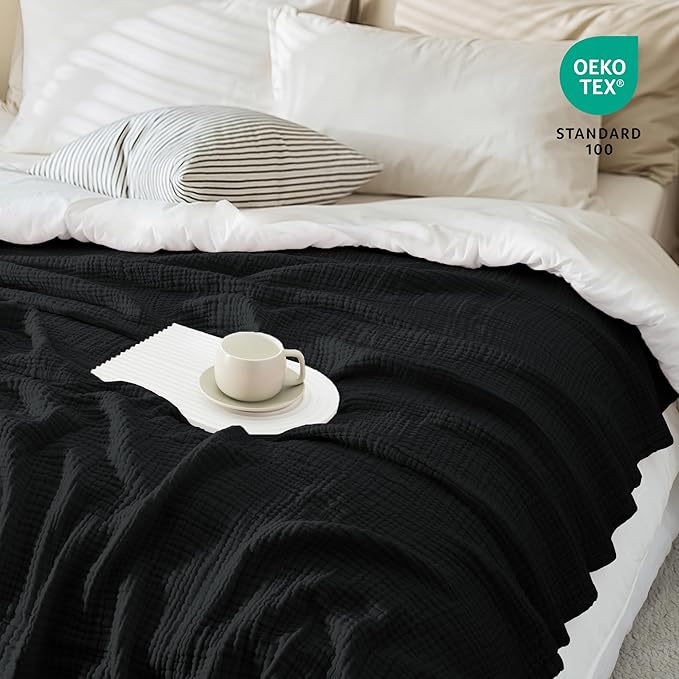 Carriediosa 100% Cotton Muslin Throw Blanket 50" X 70" Twin XL Size，4-Layers Summer Gauze Throws for Bed Couch，Soft Lightweight Breathable Linen Blankets Bedspread for Adults All Season，Black