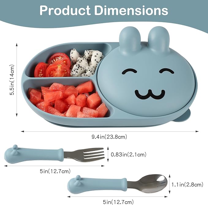 Silicone Baby Plate,Toddler plates,Self-feeding of infants after weaning, 100% Food Grade Silicone, BPA Free, Baby Dinnerware, Baby Plates With Suction, Divided Plate for Babies(blue)