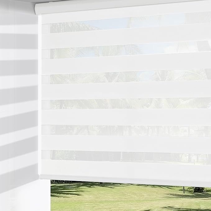 ChrisDowa Cordless Zebra Blinds for Windows, Dual Layer Free-Stop Light Filtering Window Roller Shades, Pull Down Privacy Zebra Shades for Home, Office, Bedroom, Door (33" W x 72" H, White)