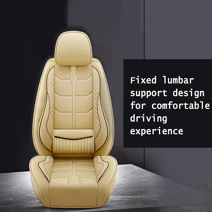 Amooca Car Seat Covers Full Set Automotive Seat Protection Fit for Most Cars SUVs Front & Back Seats Waterproof Nappa Leather Car Seat Cushion Protector Beige