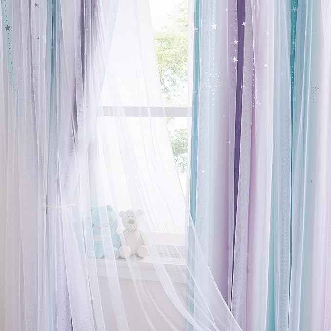 NICETOWN Moon Star Curtains for Nursery, Double Layer Rainbow Blackout Grommet Ombre Curtains with Sheer for Living Room, Nursery, Girls Bedroom 1 Pair, 52W x 84L, Teal & Purple