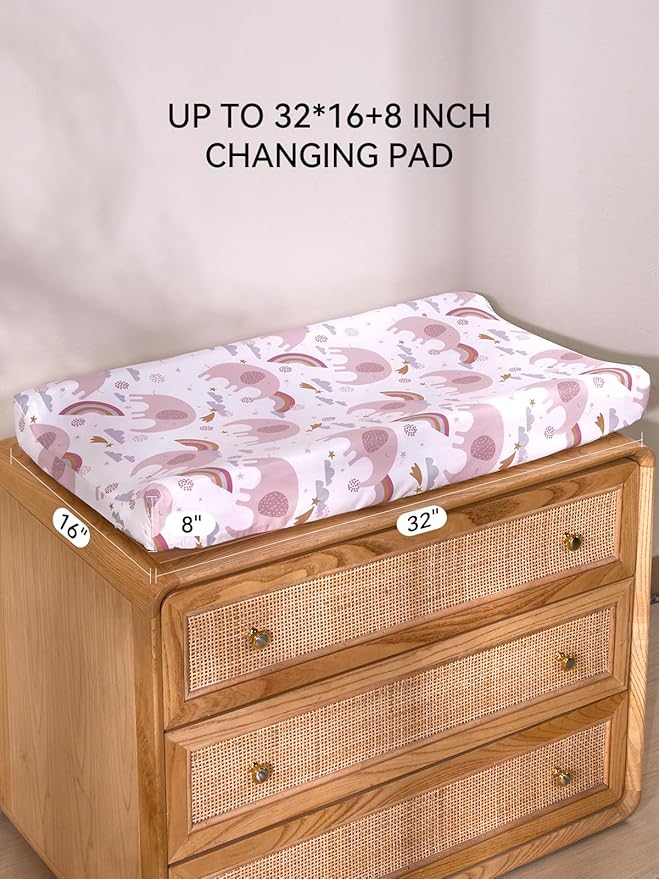 TILLYOU Changing Pad Cover Set in Soft Jersey Material - Fits 32"/34''x16 Contoured Pad for Babies, Rainbow Elephant