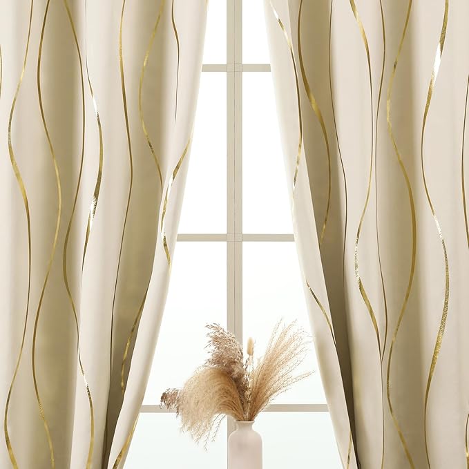 L.Z.E Cream and Gold Curtains for Bedroom Living Room, Elegant Blackout Thermal Insulated Window Drapes with Gold Foil Wave Pattern, 85% Room Darkening 108 Inch Long Grommet Top, 2 Panels Set