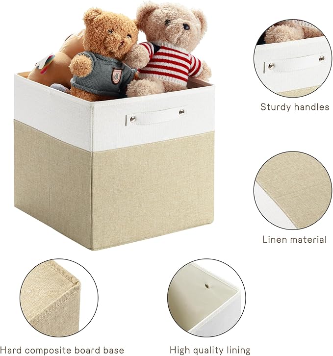 13 x 13 Inch Fine Linen Storage Bins with Handles，Fabric Cube Boxs，Basket Organizers for Shelves for Home, Closet Drawers (White/Khaki-4 Pack)