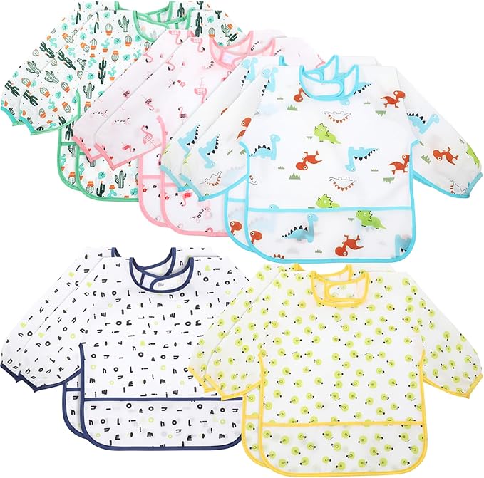 Tarpop Long Sleeve Bibs Infant Smocks Multi Pack Waterproof Soft Sleeved Bibs for Babies Toddler Eating Feeding