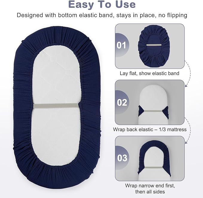 Basumee Muslin Bassinet Sheets for Baby Girl Boy 2 Pack Soft Breathable Baby Bedside Bassinet Fitted Sheets with Bottom Elastic Band 33''x17''x4'' Mattress Cover for Rectangle Oval Hourglass Bassinets
