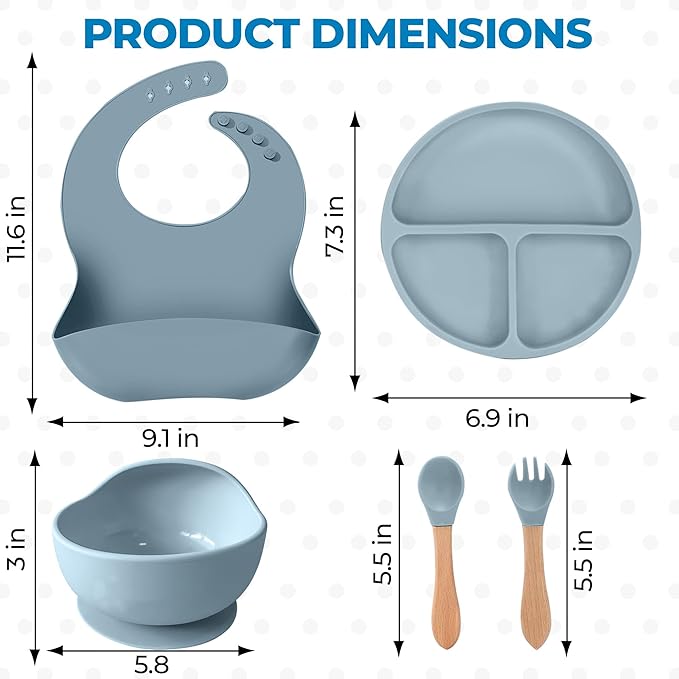 5-Piece Silicone Baby Feeding Set – Suction Bowl, Divided Plate, Adjustable Bib, Spoon & Fork – 100% Food-Grade Silicone, BPA Free, Non-Toxic, Dishwasher & Microwave Safe