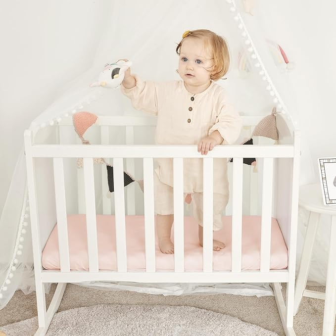 TILLYOU Baby Bassinet Sheets for Girls Boys 2 Pack Baby Sheets for Square Rectangle Oval Bassinet Mattress 33X16 Inch, Pink & White