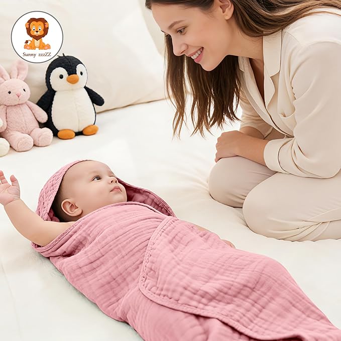 Sunny zzzZZ Muslin Hooded Baby Bath Towels - 3 Pack 100% Cotton Soft Low-Saturation Pastel Towels Including Classic White for Newborns, Infants, Toddlers - 32x32 Inch - Light Sakura and White