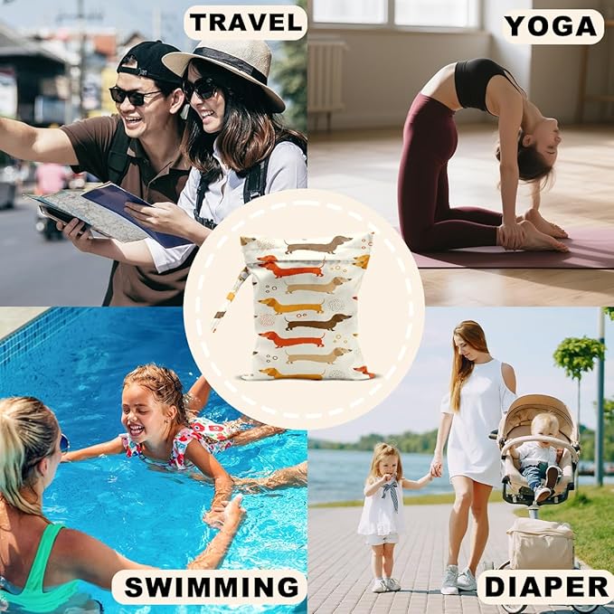 2Pcs Dog Wet Bags 12x10 Inch, Cute Dogs Waterproof Travel Laundry Bags, Washable Reusable Wet Dry Bag for Swimsuit Beach Diapers Dirty Yoga Gym Clothes, Dachshund Gifts for Women Friend Travelers