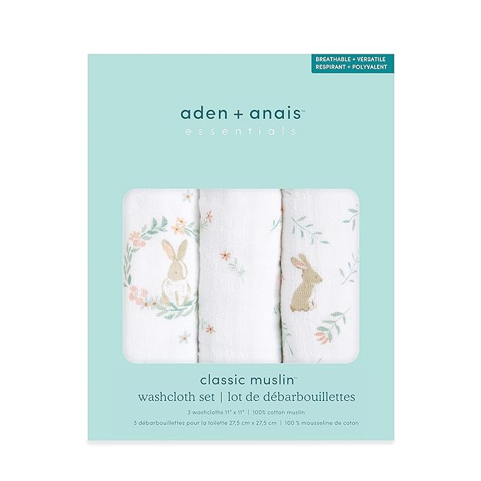 aden + anais Essentials Washcloth 3-Pack, Super Soft 100% Cotton Muslin, Gentle on Skin, 3 Absorbent 11x11 Layers, Softer with Every Use, Perfect for Babies, Infants, Toddlers, Blushing Bunnies