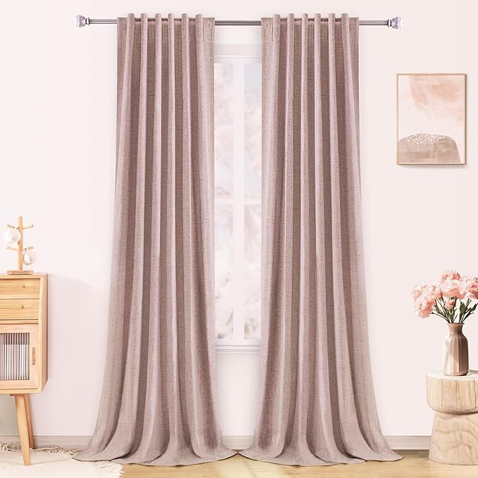 Blush Pink Linen Blackout Curtains 102 Inch Length 2 Panels Set for Living Room Babies Bedroom Back Tab Thermal Insulated 100% Black Out Linen Drapes Room Darkening Window Curtains 102 Inches Long