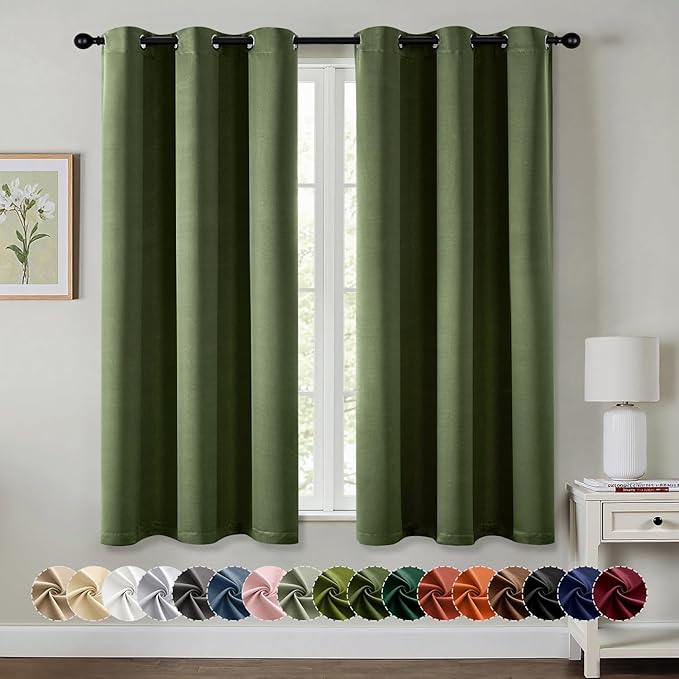 MIULEE Olive Green Blackout Curtains for Bedroom Living Room 63 Inches Long 2 Panels, Thermal Insulated Room Darkening Drapes Solid Grommet Noise Reduction Light Blocking Window Treatments 34x63 Inch