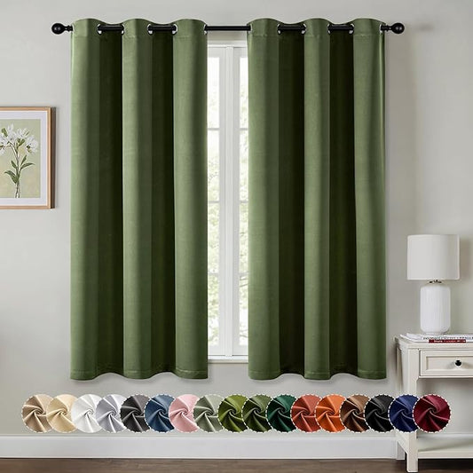 MIULEE Olive Green Blackout Curtains for Bedroom Living Room 63 Inches Long 2 Panels, Thermal Insulated Room Darkening Drapes Solid Grommet Noise Reduction Light Blocking Window Treatments 34x63 Inch